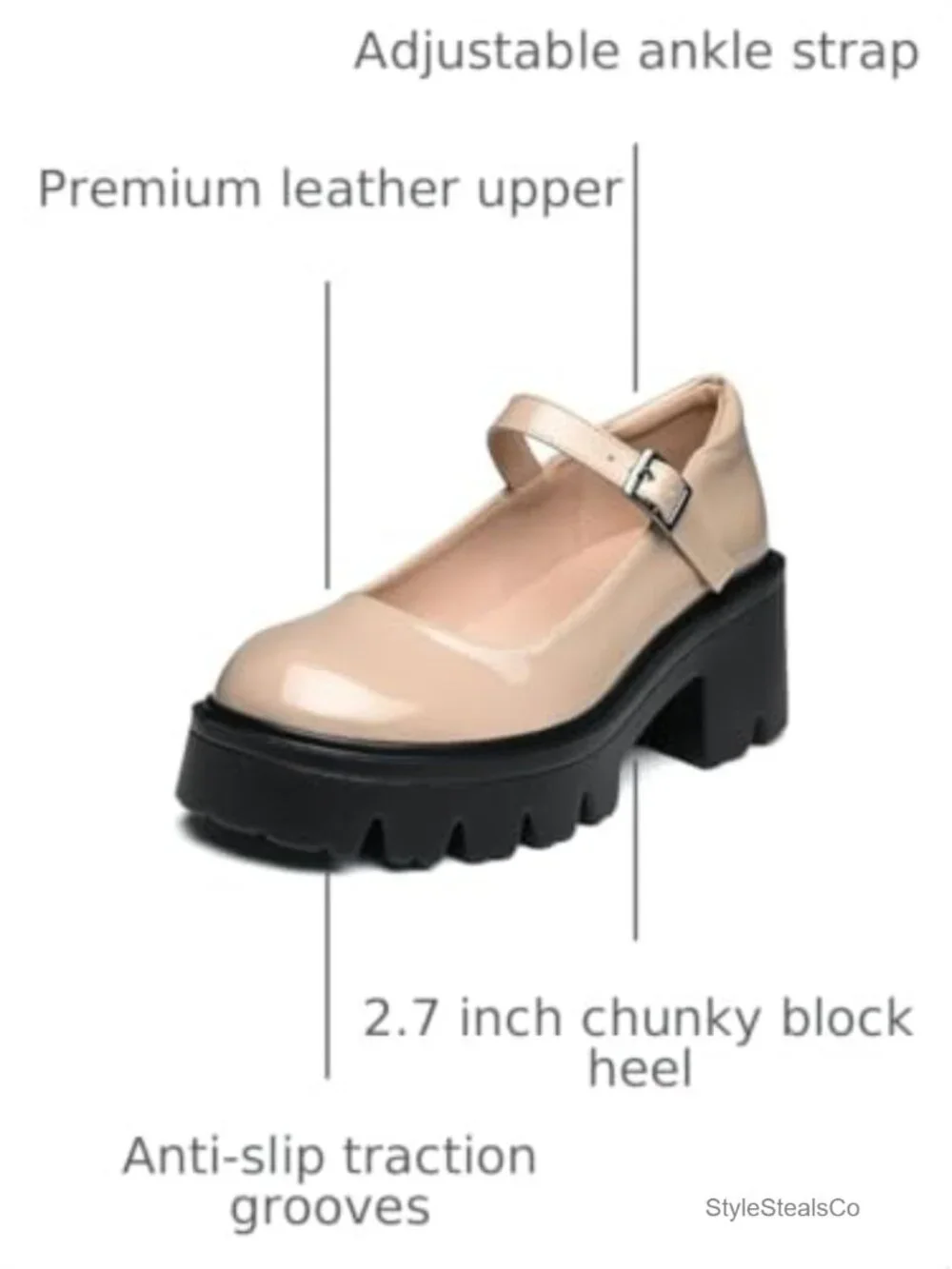 Chunky Platform Mary Jane Heels Women Round Toe PU Dress Shoes